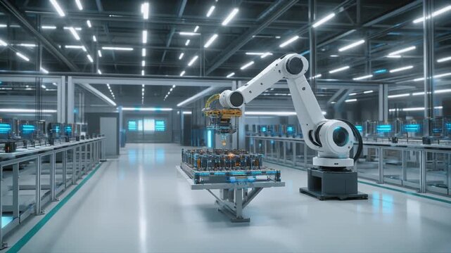 Cinematic Long Shot of a Minimalist Factory Floor With an Advanced Robotic Arm and Production Equipment in Action