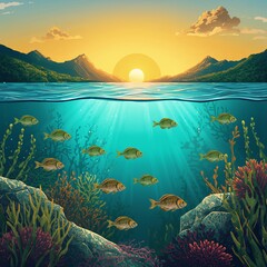 Underwater scene with fish, sun rays, and vibrant marine life