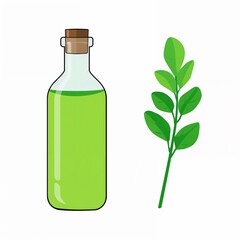 Herbal extract green liquid bottle with cork and plant leaves