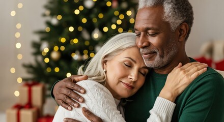 Couple Embracing by Christmas Tree, Older Man and Woman, Holiday Romance, Cozy Indoor Setting