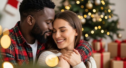 Happy young multiracial couple embracing lovingly during Christmas holidays with a festive tree and gifts in the background, celebrating togetherness.