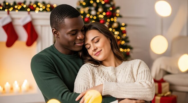 Happy diverse young couple embracing lovingly in a cozy living room decorated for Christmas holidays with festive lights and a fireplace. - Powered by Adobe