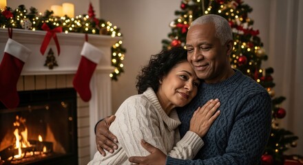 Happy mature Black couple embracing by a festive fireplace and Christmas tree, enjoying a cozy holiday evening at home.