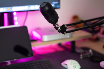 Close-Up of a Streamer Microphone in a Gaming Room
