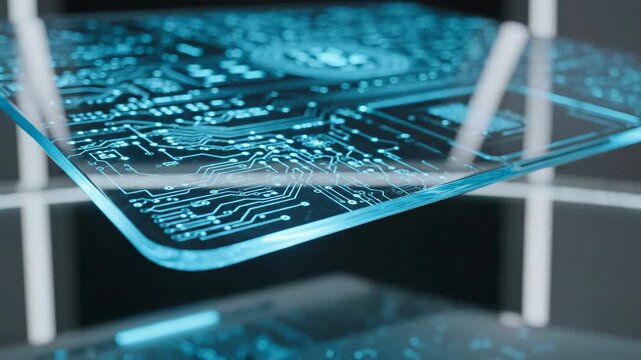 Glowing blue circuit lines etched onto a transparent slightly curved glass or plastic sheet