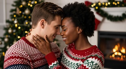 Happy young multiethnic couple embracing in festive Christmas sweaters by a cozy fireplace and decorated tree