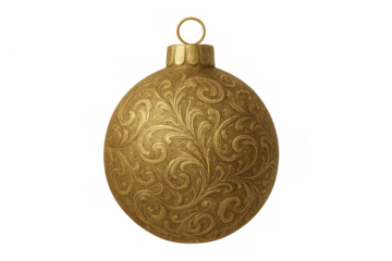 Golden christmas bauble with ornate filigree pattern, elegant holiday decoration, transparent background