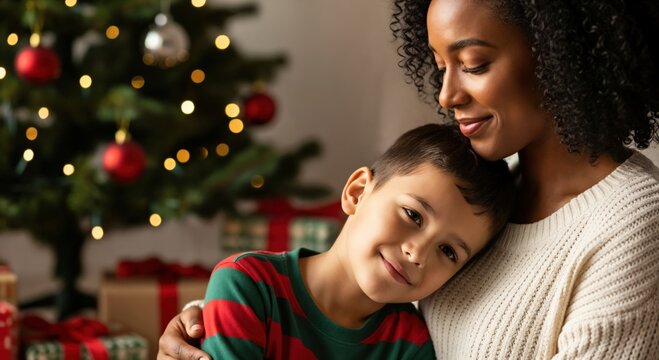 Loving African American mother and her young son embracing warmly in front of a festive Christmas tree with glowing lights and wrapped presents, celebrating the holiday season at home - Powered by Adobe