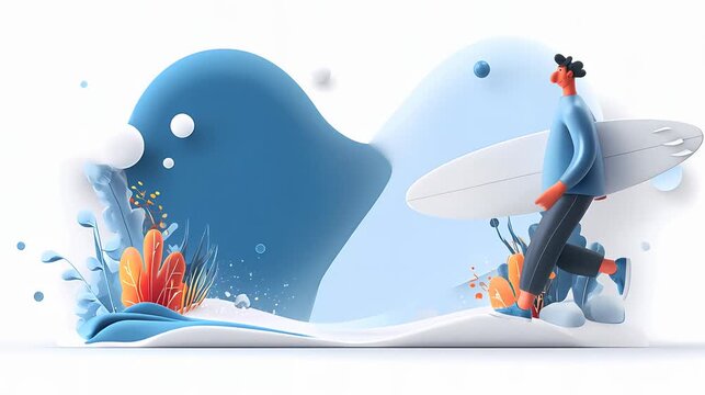 A stylized character stands with a surfboard against a vibrant abstract background of blue shapes and colorful plants.
