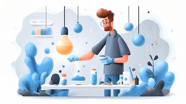 A scientist in a lab experimenting with various colorful beakers and flasks surrounded by abstract shapes.