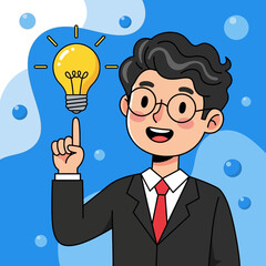 Cartoon Businessman with Idea Lightbulb, Pointing Upward, Wearing Glasses and Suit.
