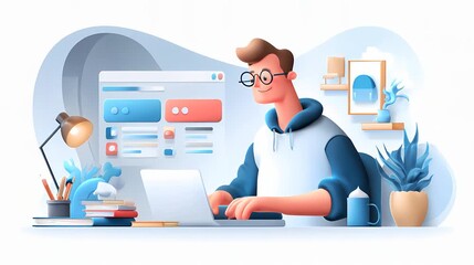 A digital illustration of a focused young man working on a laptop in a cozy workspace filled with plants and creative tools.