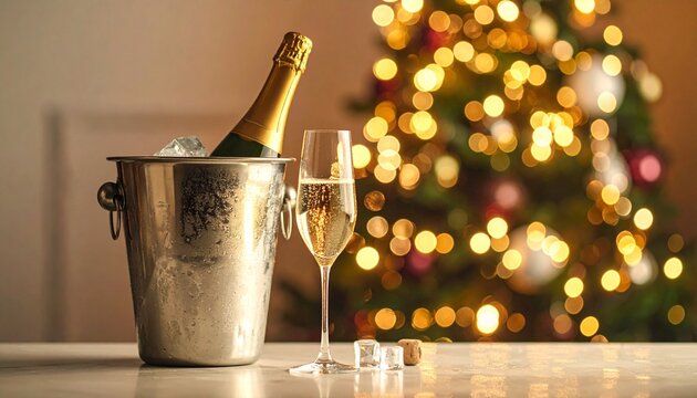 Eine gek&uuml;hlte Champagnerflasche steht in einem metallenen Eiseimer neben einem eleganten Sektglas