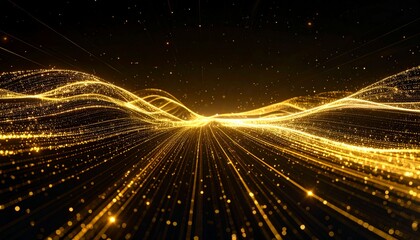Obraz premium Futuristic golden data wave technology background with glowing digital particle lines