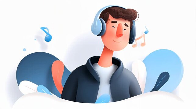 A young man with headphones enjoys music against a colorful abstract background.
