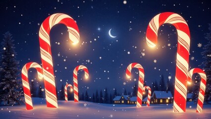 Surreal Winter Night Landscape with Giant Glowing Candy Canes in Snowy Village Under Crescent Moon