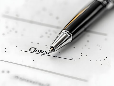 A black pen poised above a document marked 'Closed', symbolizing the finalization of a deal or contract