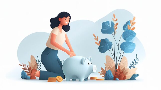 A woman kneeling beside a blue piggy bank, with flowers and leaves in a colorful and artistic style, emphasizing savings and finance. - Powered by Adobe