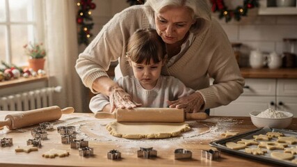 Loving grandmother teaching her little granddaughter how to roll dough for homemade gingerbread cookies in a cozy kitchen decorated for christmas, sharing a special family moment - Powered by Adobe