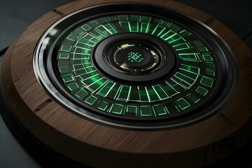 Naklejka premium A close-up view of a modern, sleek digital interface with green glowing elements on a wooden base, showcasing innovative technology in a minimalist design.