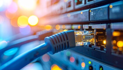 Digital information transfer concept with a blue network cable plugged into a server switch port with glowing lights in a modern data center
