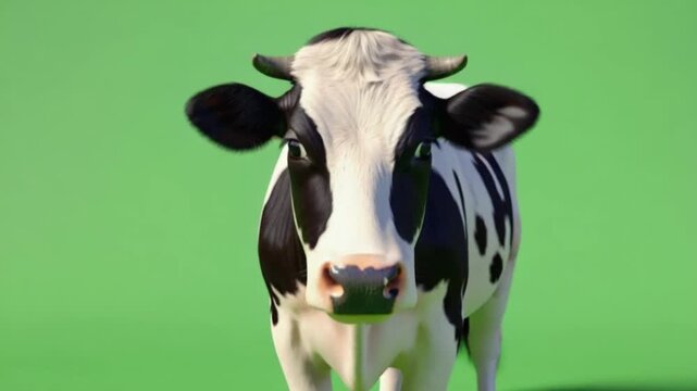 A black and white cow standing in front of a green screen looking directly at the camera lens cow green screen video