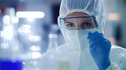 A focused scientist in a lab coat examines a sample under controlled conditions, showcasing dedication to research and advancement in scientific fields