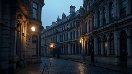 Quiet cobblestone street at night illuminated by glowing street lamps.