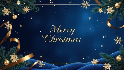 luxurious Christmas banner with text Merry Christmas, deep blue winter night sky theme, festive border frame made of gold snowflakes stars baubles ribbon, pine branches. greeting card, email header