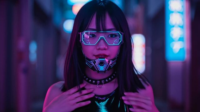 Cyberpunk Girl with Neon Mask in Dark Urban Cityscape
