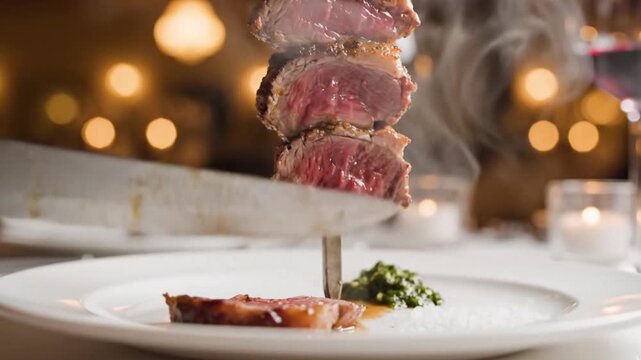 Hot Brazilian churrasco barbecue being sliced from a skewer onto a plate at a rod&iacute;zio steakhouse table