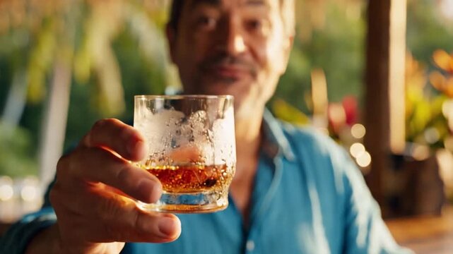 Smiling Brazilian man offering a glass of cacha&ccedil;a at a simple tropical kiosk