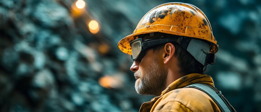 A focused worker in safety gear, observing the surroundings inside a mine. The image captures the essence of diligence and safety in the mining industry.