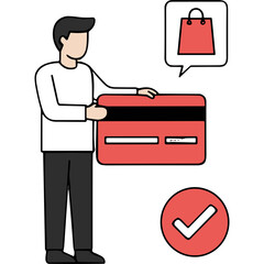 Man Holding Large Red Credit Card with Shopping Bag Icon and Check Mark Indicating Purchase Confirmation on Black Background