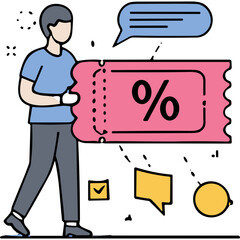 Man Holding Large Pink Discount Coupon With Percentage Sign In Front Of Speech Bubbles And Geometric Shapes On Black Background