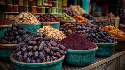 Obraz premium Spice Market Display: An eye-level view of a vibrant spice market, brimming with an array of aromatic spices and dried goods, showcasing culinary diversity. 