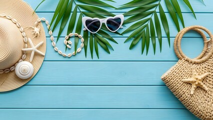 Summer vacation accessories for beach relaxation, including straw hat, seashell necklace, sunglasses, and straw bag on a blue wooden background