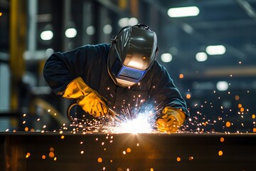 A skilled welder works meticulously on a metal piece, surrounded by sparks and glowing light in an industrial setting.