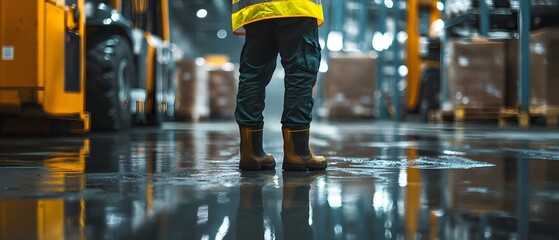 A worker stands in a warehouse, showcasing safety gear and wet floor, highlighting the importance of safety in industrial environments.