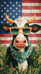 Illustration of a cool cow wearing sunglasses and a star pattern bandana against a USA flag wooden background. Concept of American patriotism