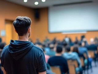 Fototapeta premium A young man attentively observes a presentation in a seminar hall, surrounded by an engaged audience. Learning and networking thrive.