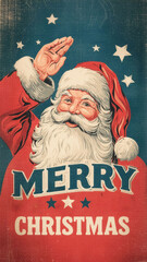 Vintage style illustration of Santa Claus saluting with a distressed texture, featuring stars and MERRY CHRISTMAS text. Concept of retro holiday greeting and patriotism