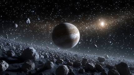 Large planet and asteroid field on a rocky surface, illuminated by a distant star in deep cosmic space