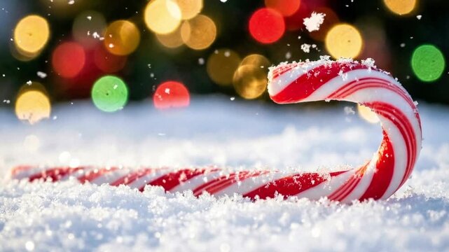 Festive red and white candy cane resting in fresh snow with sparkling snowflakes gently falling and a colorful, blurry christmas lights bokeh background creating a magical holiday mood