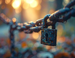 Rusty Lock on Chain with Bokeh Background.