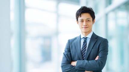 オフィスに立つ日本人男性のビジネスポートレート
