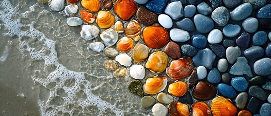 A beautiful arrangement of smooth, colorful pebbles along the shoreline, contrasting with gentle ocean waves. This serene coastal scene invites peace and contemplation.