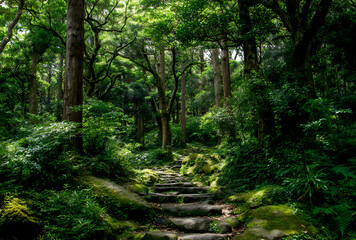 Obraz premium Sunlit Tropical Forest Path with Ancient Trees and Lush Greenery