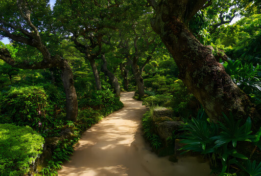 Sunlit Tropical Forest Path with Ancient Trees and Lush Greenery