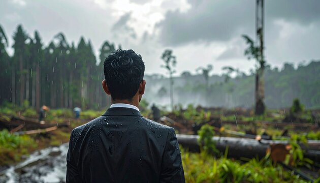 A man in a wet suit stands in the rain facing a deforested area, with fallen trees and misty forest in the background.